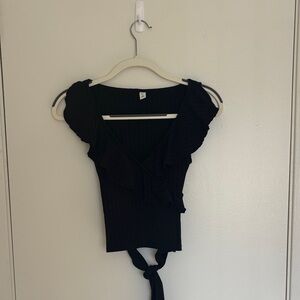 BP Black Ruffle Blouse - Faux Wrap with Tie in Back